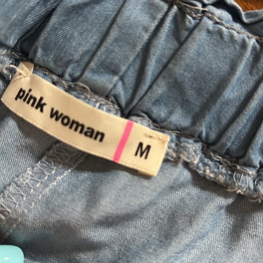 Denim Blue Drawstring organic RAYON jogger Pants pull on elastic waist belt Med - Picture 8 of 14